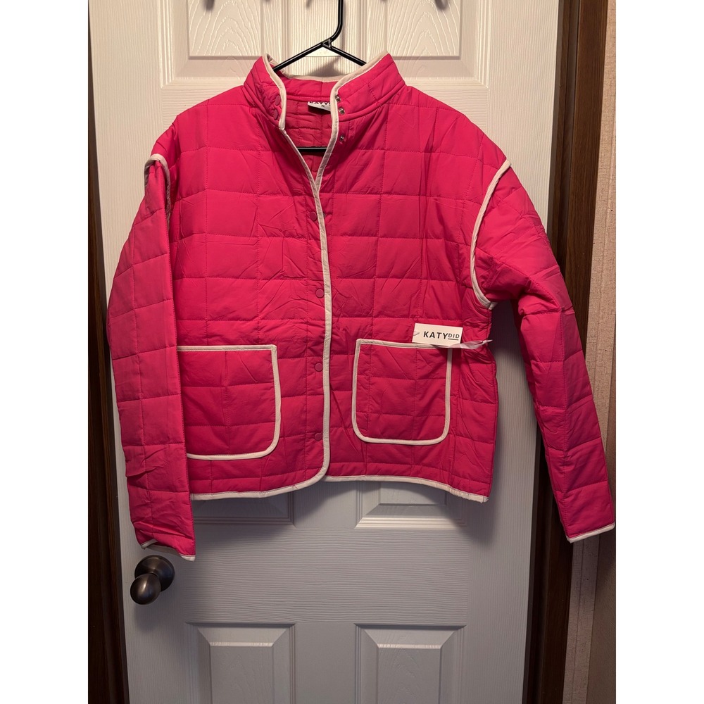 Katydid Pink Quilted Puffer Jacket Snap Front Mock Neck Size XL NEW